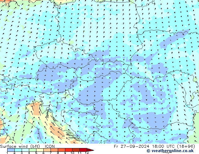 Surface wind (bft) ICON Fr 27.09.2024 18 UTC