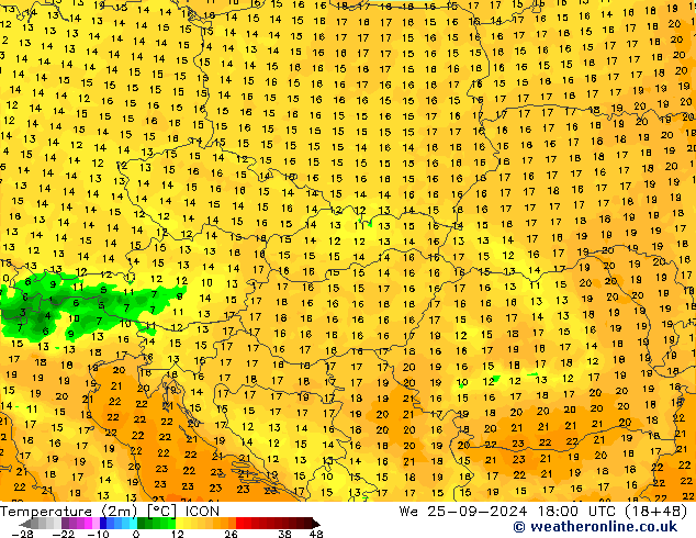 Sıcaklık Haritası (2m) ICON Çar 25.09.2024 18 UTC