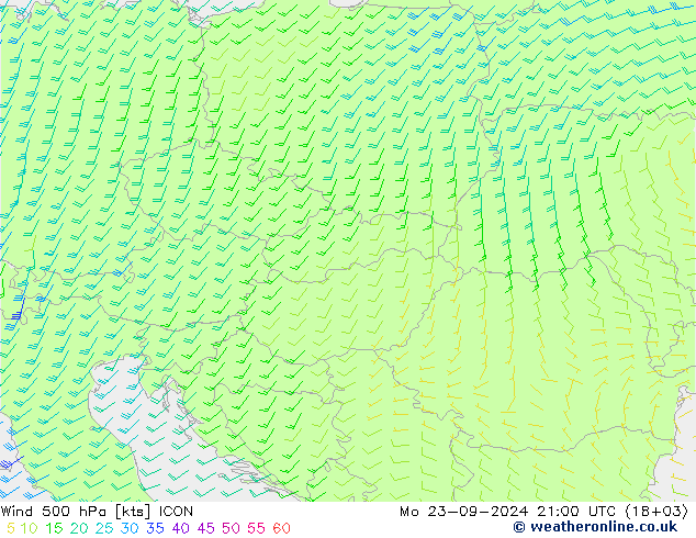 Vento 500 hPa ICON lun 23.09.2024 21 UTC