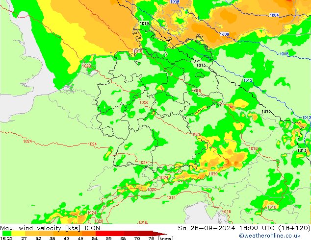 Max. wind velocity ICON Sa 28.09.2024 18 UTC