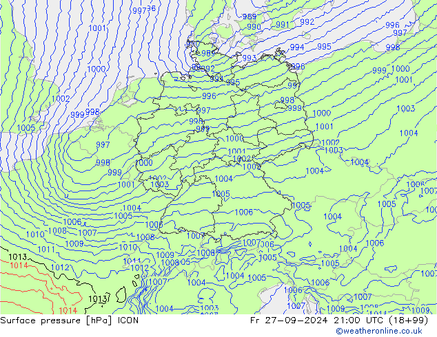 Surface pressure ICON Fr 27.09.2024 21 UTC