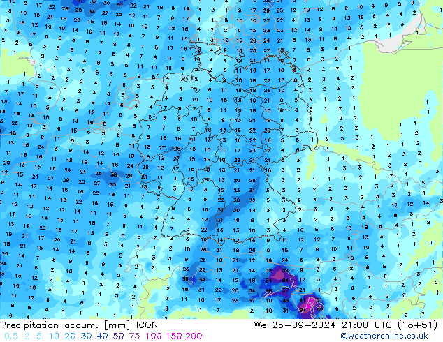 Précipitation accum. ICON mer 25.09.2024 21 UTC