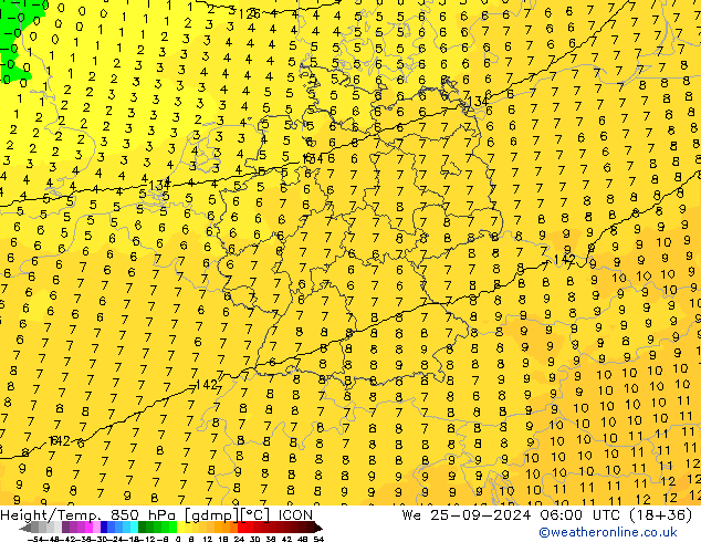 Yükseklik/Sıc. 850 hPa ICON Çar 25.09.2024 06 UTC