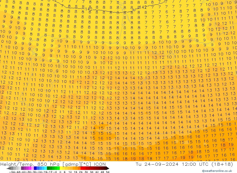 Height/Temp. 850 гПа ICON вт 24.09.2024 12 UTC