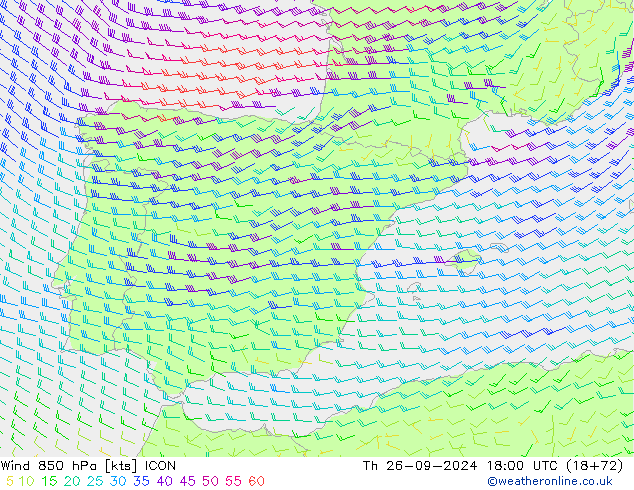 Vento 850 hPa ICON gio 26.09.2024 18 UTC