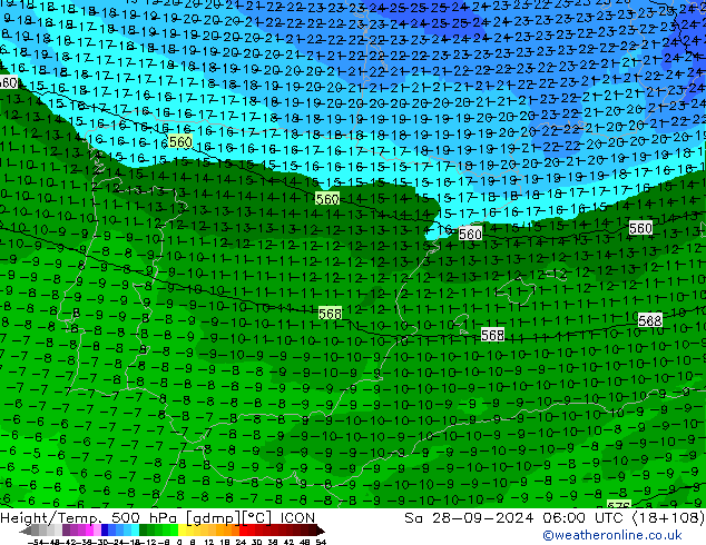 Height/Temp. 500 hPa ICON Sáb 28.09.2024 06 UTC