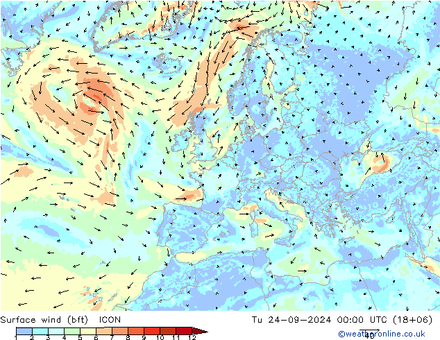 Vent 10 m (bft) ICON mar 24.09.2024 00 UTC