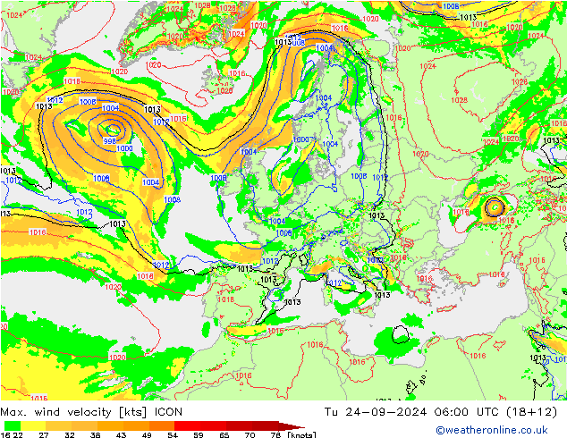 Max. wind velocity ICON вт 24.09.2024 06 UTC