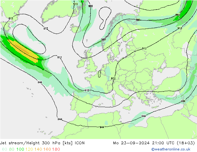 Jet stream/Height 300 hPa ICON Mo 23.09.2024 21 UTC