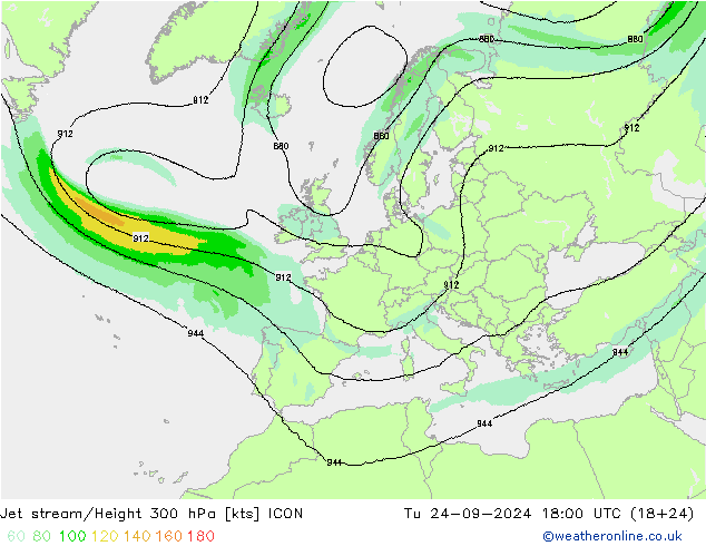 Jet stream/Height 300 hPa ICON Tu 24.09.2024 18 UTC