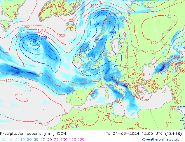 Precipitation accum. ICON wto. 24.09.2024 12 UTC