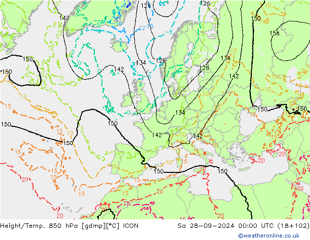 Height/Temp. 850 hPa ICON sab 28.09.2024 00 UTC