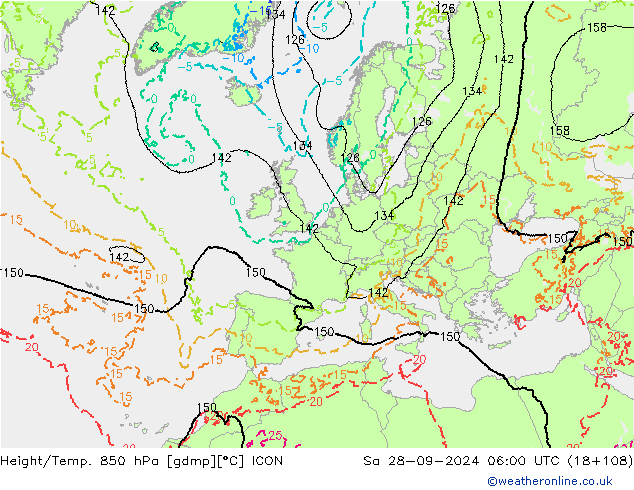 Height/Temp. 850 hPa ICON Sa 28.09.2024 06 UTC