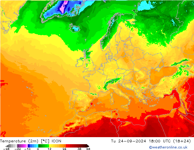 mapa temperatury (2m) ICON wto. 24.09.2024 18 UTC