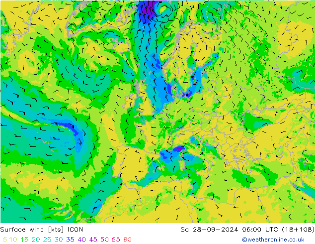 Vento 10 m ICON Sáb 28.09.2024 06 UTC