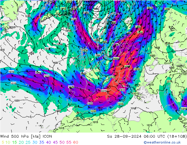 Vento 500 hPa ICON Sáb 28.09.2024 06 UTC