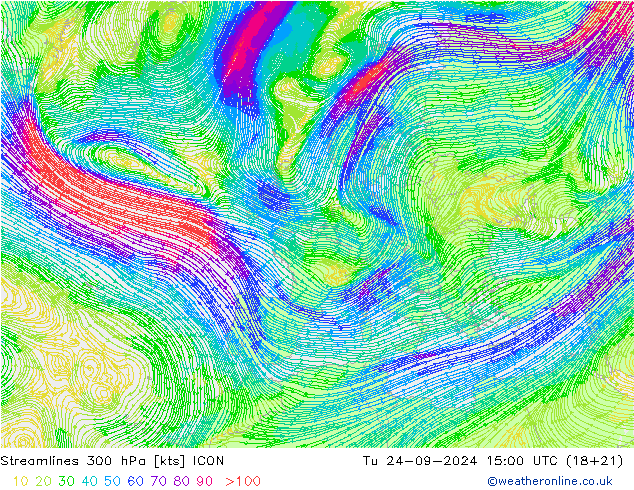 Streamlines 300 hPa ICON Tu 24.09.2024 15 UTC