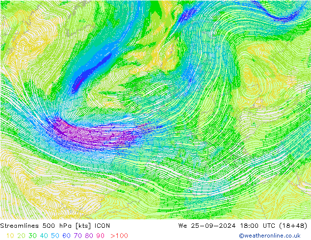 Streamlines 500 hPa ICON We 25.09.2024 18 UTC