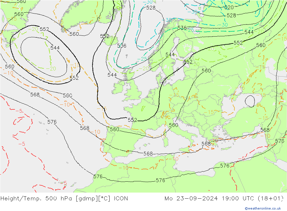 Height/Temp. 500 hPa ICON Mo 23.09.2024 19 UTC