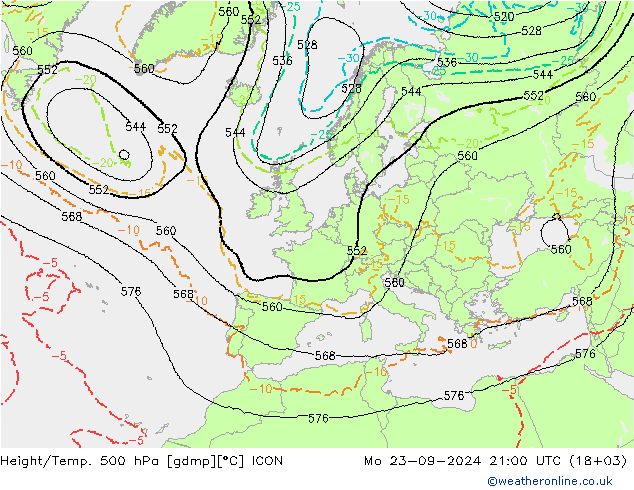 Geop./Temp. 500 hPa ICON lun 23.09.2024 21 UTC