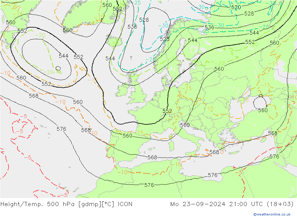 Yükseklik/Sıc. 500 hPa ICON Pzt 23.09.2024 21 UTC