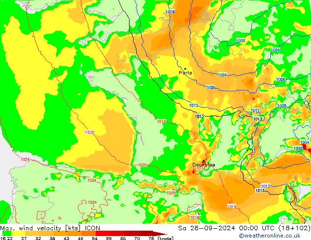 Max. wind velocity ICON sab 28.09.2024 00 UTC