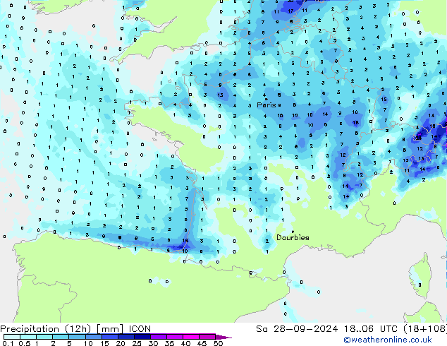 Precipitation (12h) ICON Sa 28.09.2024 06 UTC