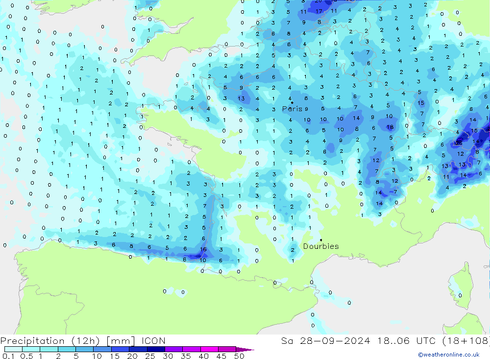 Precipitation (12h) ICON So 28.09.2024 06 UTC