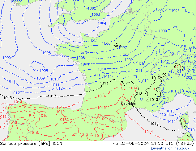 Surface pressure ICON Mo 23.09.2024 21 UTC