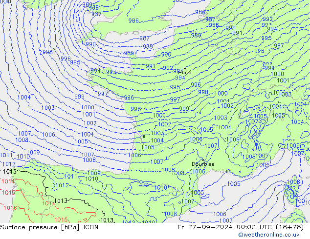 Atmosférický tlak ICON Pá 27.09.2024 00 UTC