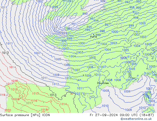 Pressione al suolo ICON ven 27.09.2024 09 UTC