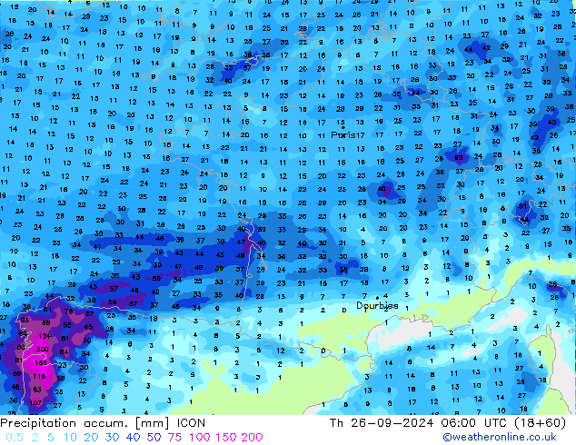 Precipitation accum. ICON Th 26.09.2024 06 UTC