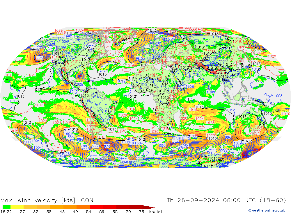 Max. wind velocity ICON чт 26.09.2024 06 UTC