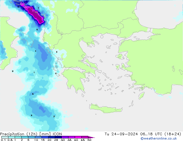 Precipitation (12h) ICON Út 24.09.2024 18 UTC