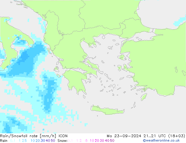 Rain/Snowfall rate ICON lun 23.09.2024 21 UTC