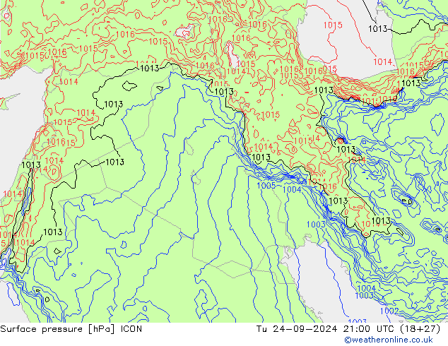 Surface pressure ICON Tu 24.09.2024 21 UTC