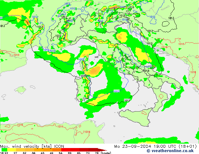 Max. wind velocity ICON lun 23.09.2024 19 UTC