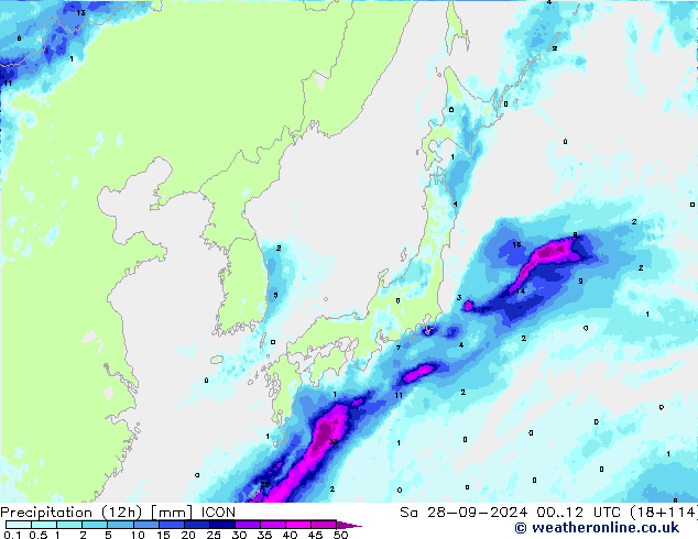 Precipitation (12h) ICON So 28.09.2024 12 UTC