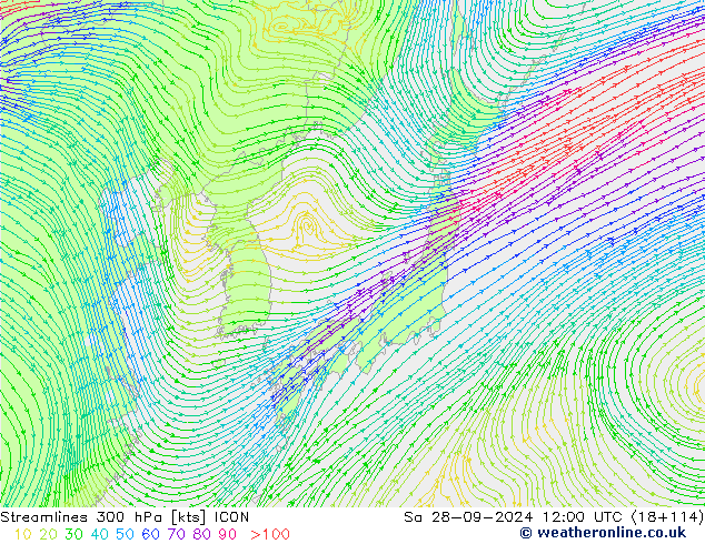 Streamlines 300 hPa ICON Sa 28.09.2024 12 UTC