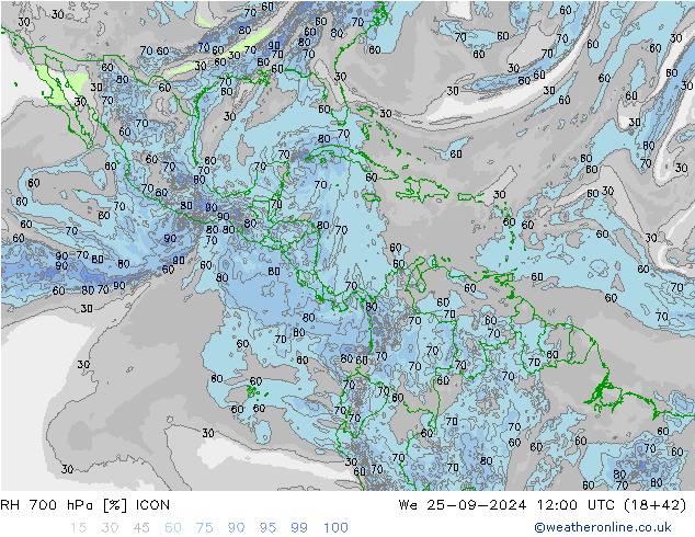 RH 700 hPa ICON śro. 25.09.2024 12 UTC