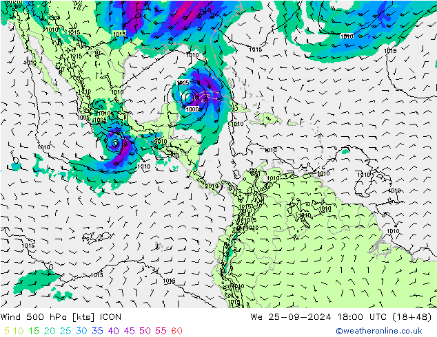 Vento 500 hPa ICON mer 25.09.2024 18 UTC