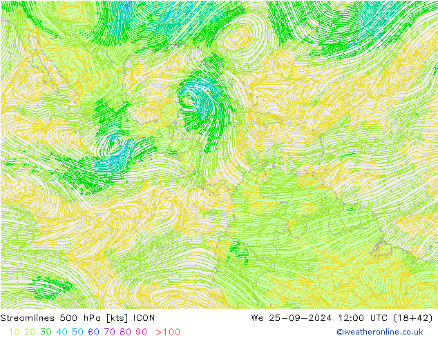 Ligne de courant 500 hPa ICON mer 25.09.2024 12 UTC