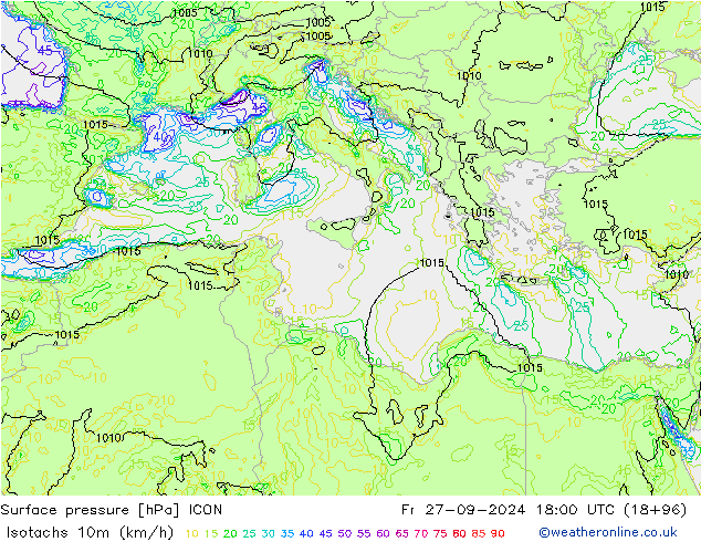 Isotachs (kph) ICON Fr 27.09.2024 18 UTC