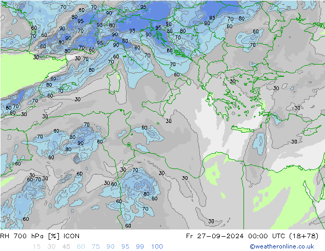 RH 700 гПа ICON пт 27.09.2024 00 UTC