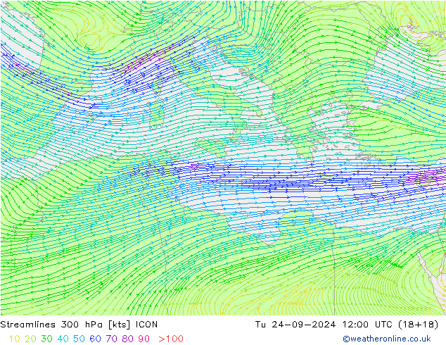 Streamlines 300 hPa ICON Út 24.09.2024 12 UTC