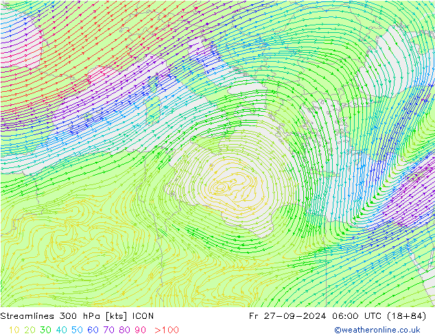 Streamlines 300 hPa ICON Pá 27.09.2024 06 UTC