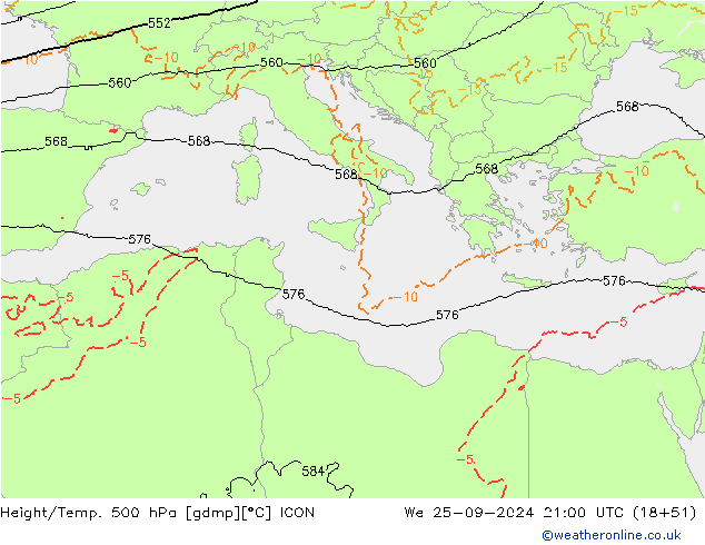 Yükseklik/Sıc. 500 hPa ICON Çar 25.09.2024 21 UTC