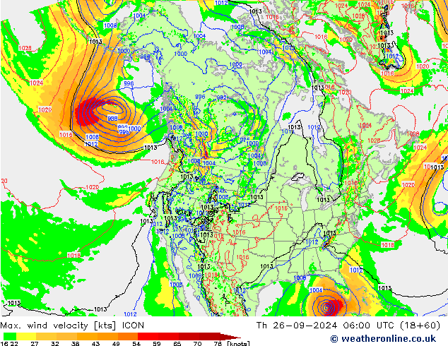 Max. wind velocity ICON jue 26.09.2024 06 UTC