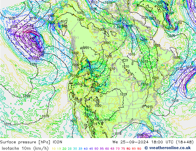 Isotachen (km/h) ICON Mi 25.09.2024 18 UTC