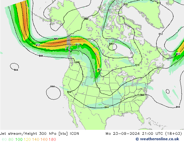 Jet stream/Height 300 hPa ICON Mo 23.09.2024 21 UTC